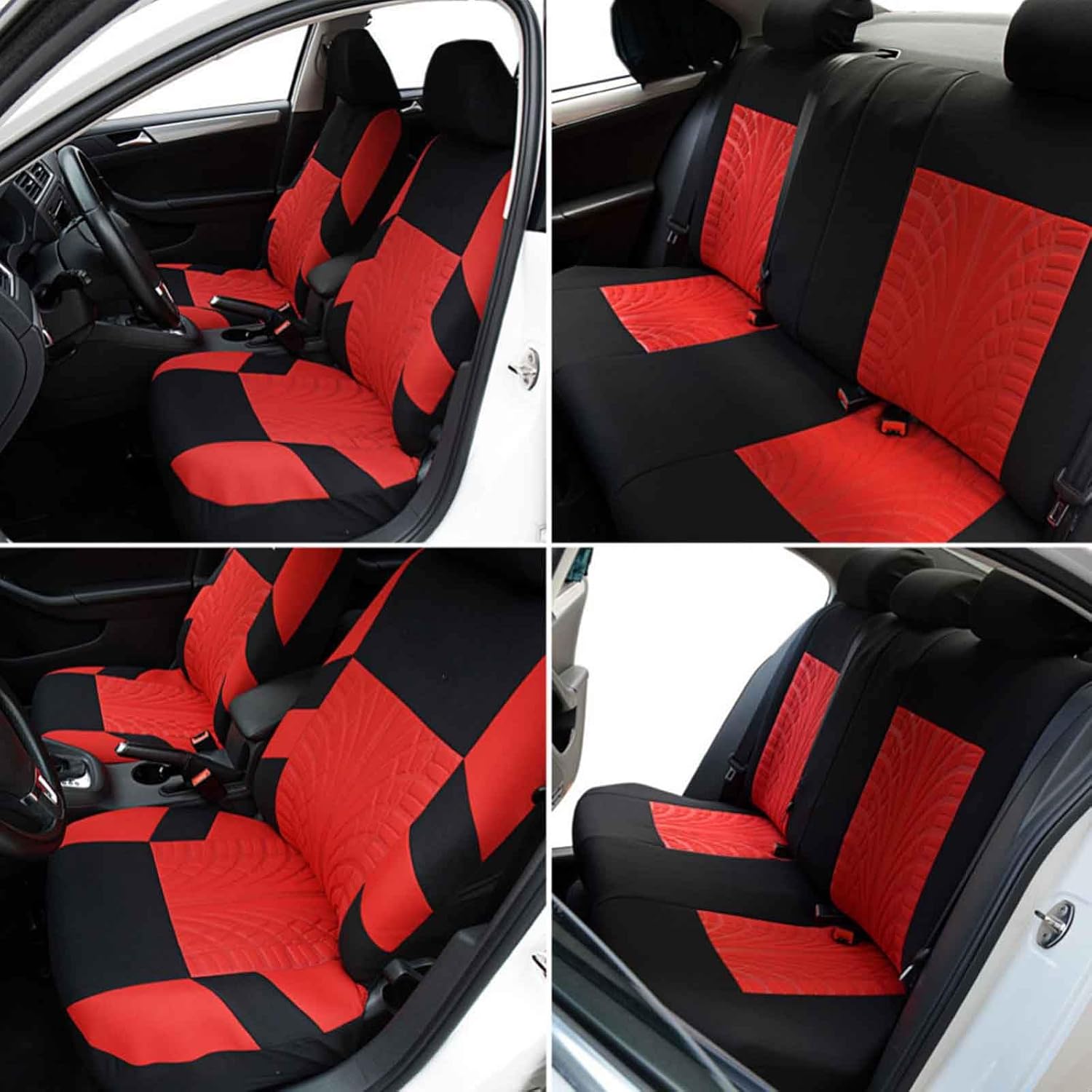 Unutrašnjost automobila s kompletom crveno-crnih presvlaka za sjedala, uključujući prednja i stražnja sjedala, s reljefnim uzorkom i modernim dizajnom.