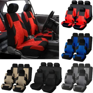 Različiti kompleti auto presvlaka u crvenoj, plavoj, sivoj, crnoj i bež boji, prikazani na prednjim i stražnjim sjedalicama, s modernim dizajnom i reljefnim uzorcima.